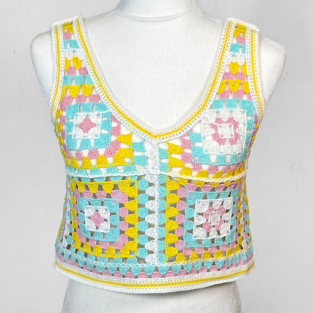 En Creme Crochet Granny Square Tank Top Pastel Multi‎ Color One Size